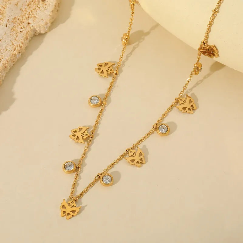 18K Gold Plated Leaf Charm Necklace with Crystal Accents