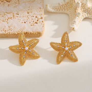 Gold Starfish Statement Earring with Pearl & Crystal Accents
