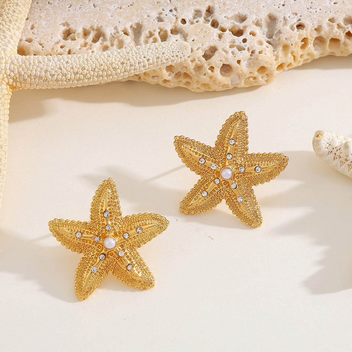 Gold Starfish Statement Earring with Pearl & Crystal Accents