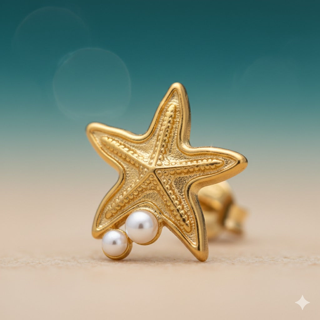 Gold Starfish Pearl Stud Earring