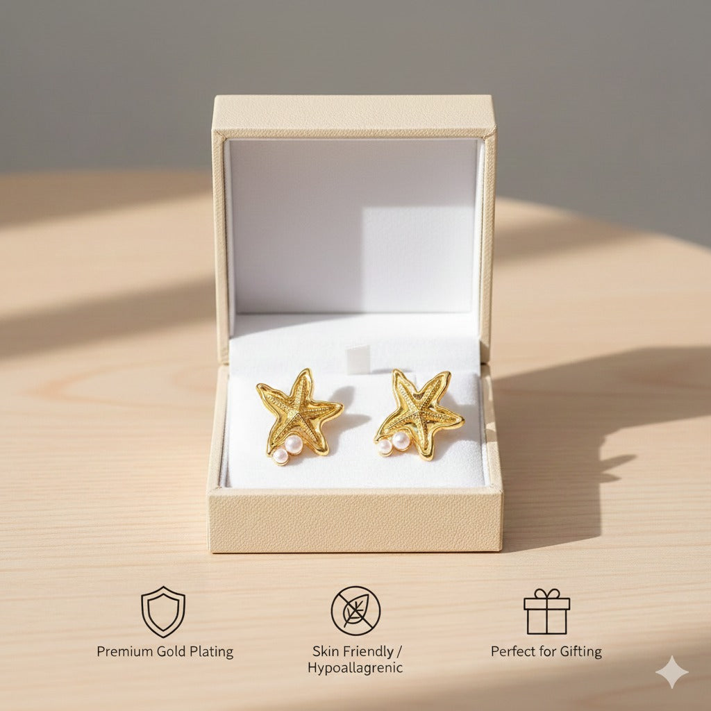 Gold Starfish Pearl Stud Earring