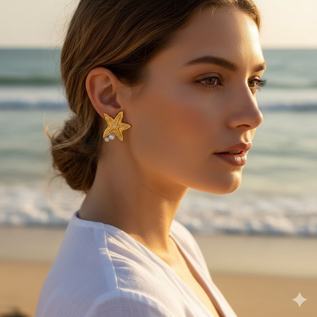 Gold Starfish Pearl Stud Earring