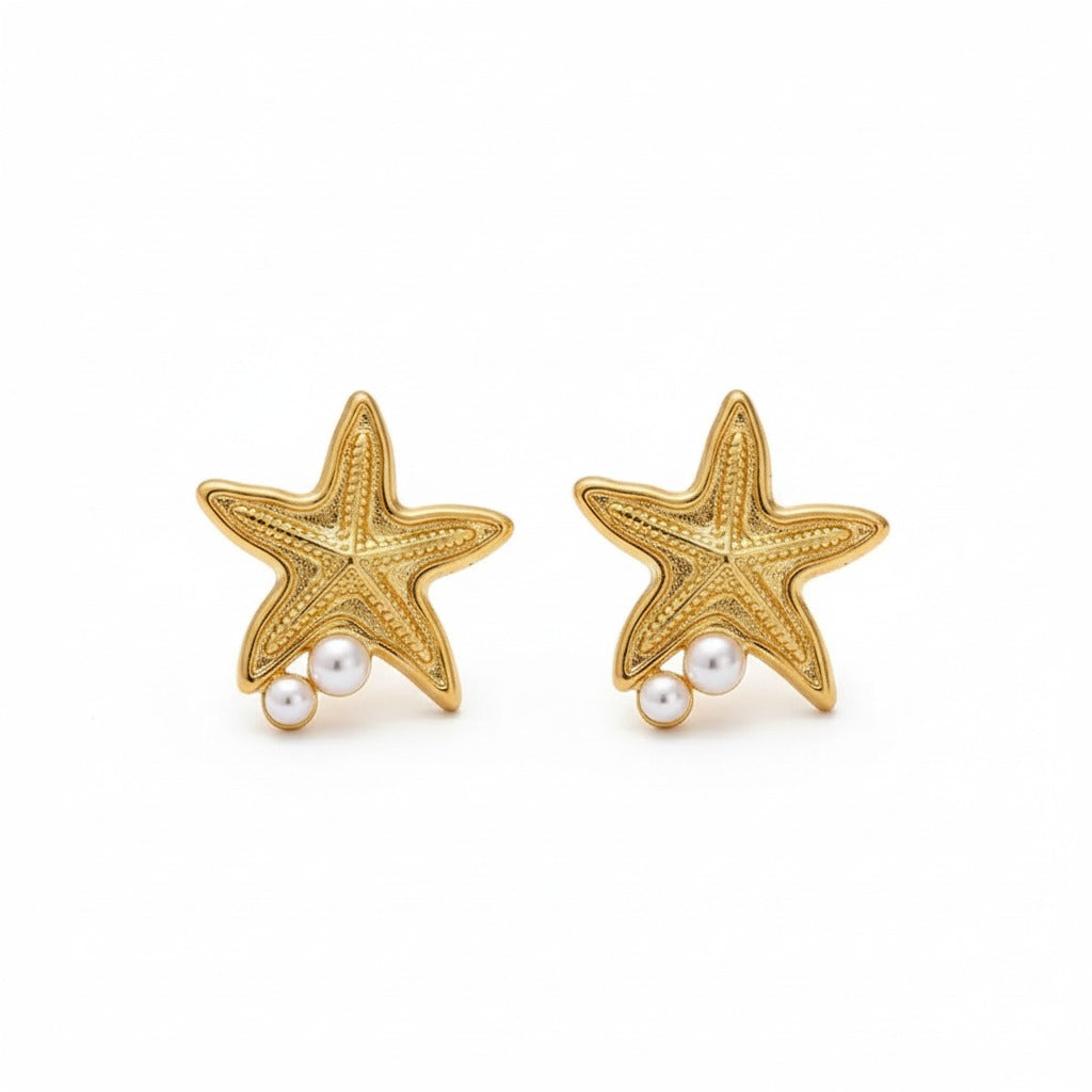 Gold Starfish Pearl Stud Earring
