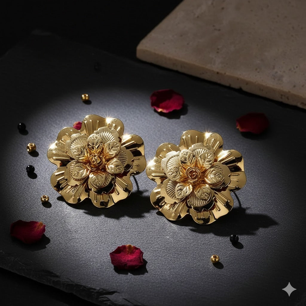 Gold Floral Statement Stud Earring