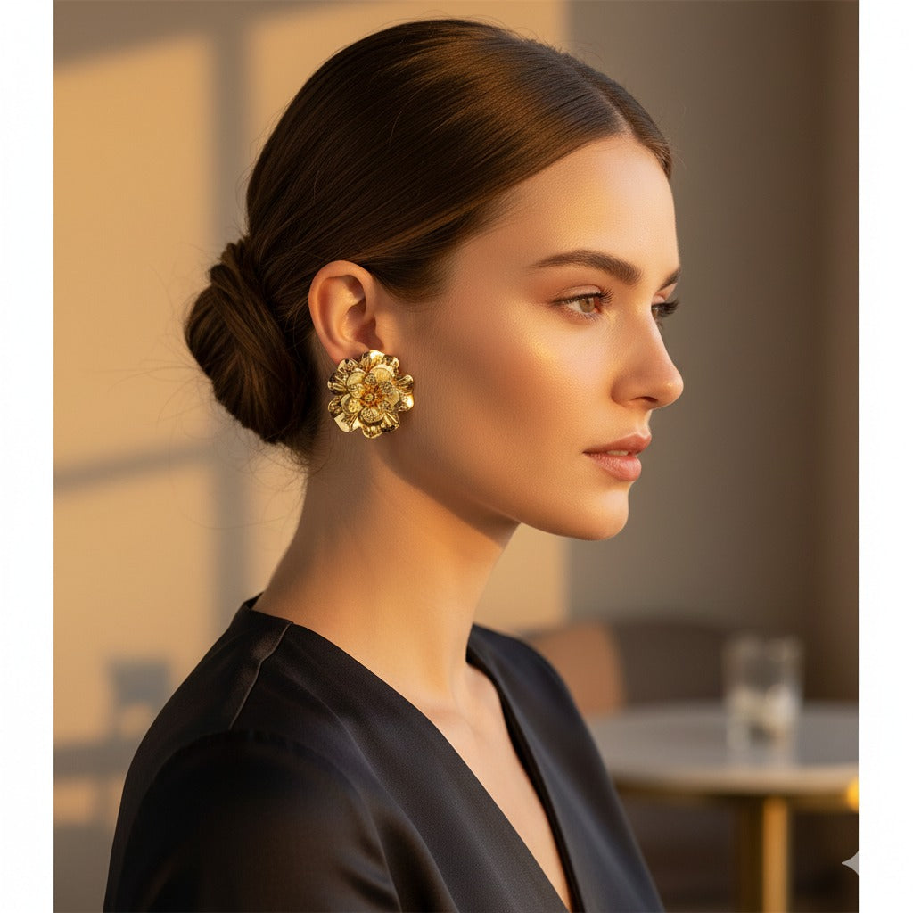 Gold Floral Statement Stud Earring