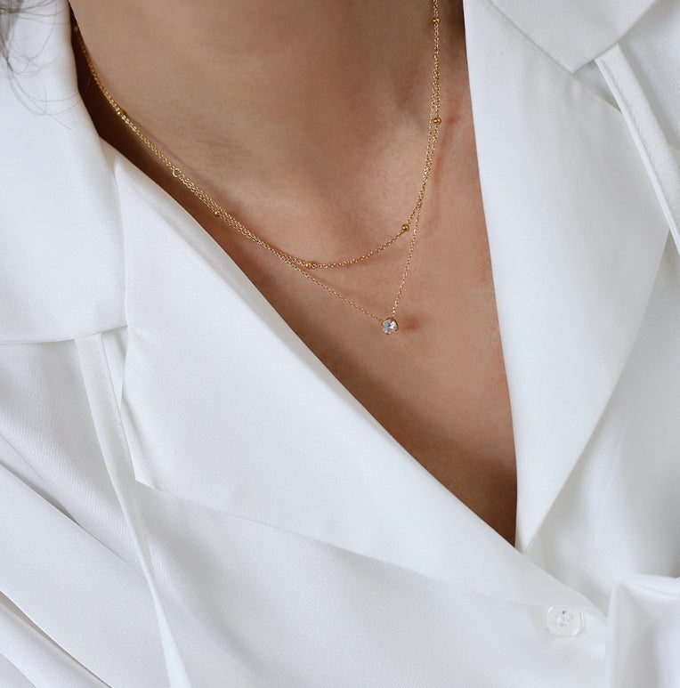 Layered Gold Chain Necklace with Solitaire Pendant