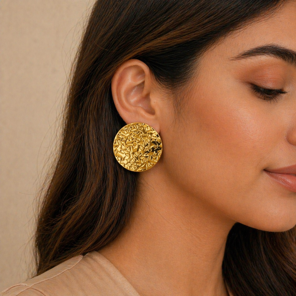 Gold Finish Textured Disc Stud Earring