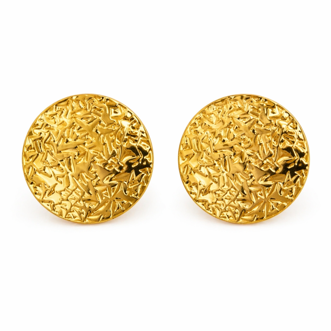 Gold Finish Textured Disc Stud Earring