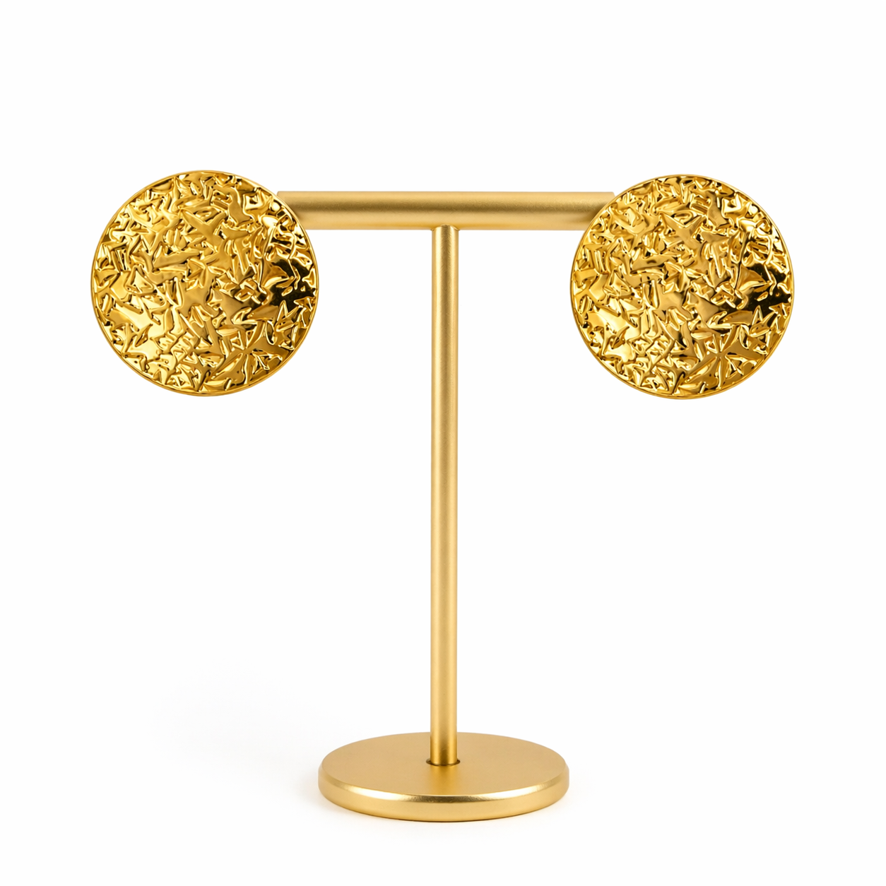 Gold Finish Textured Disc Stud Earring