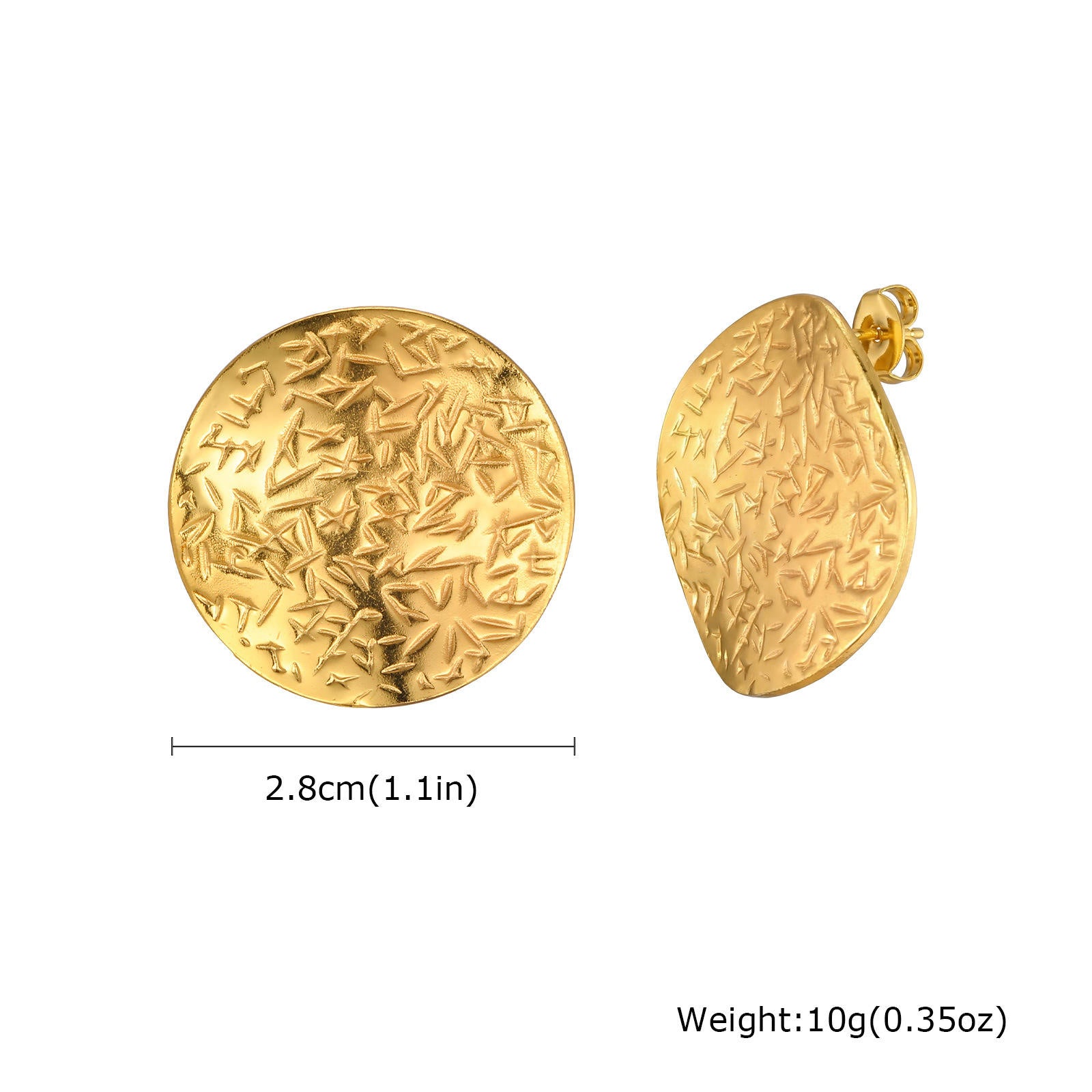 Gold Finish Textured Disc Stud Earring