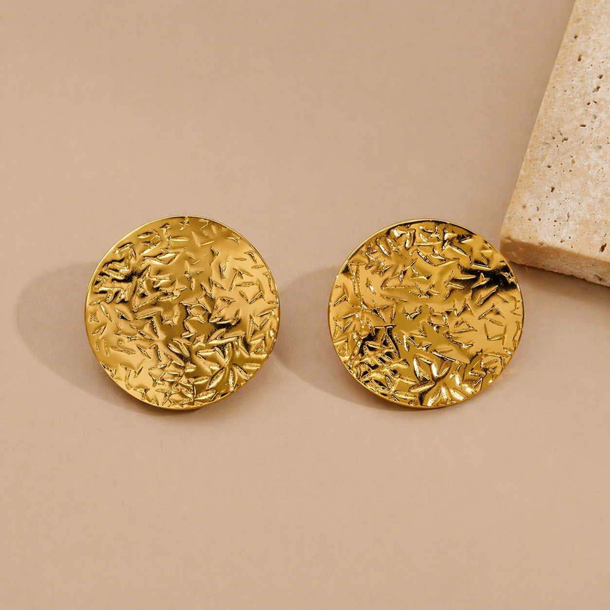 Gold Finish Textured Disc Stud Earring