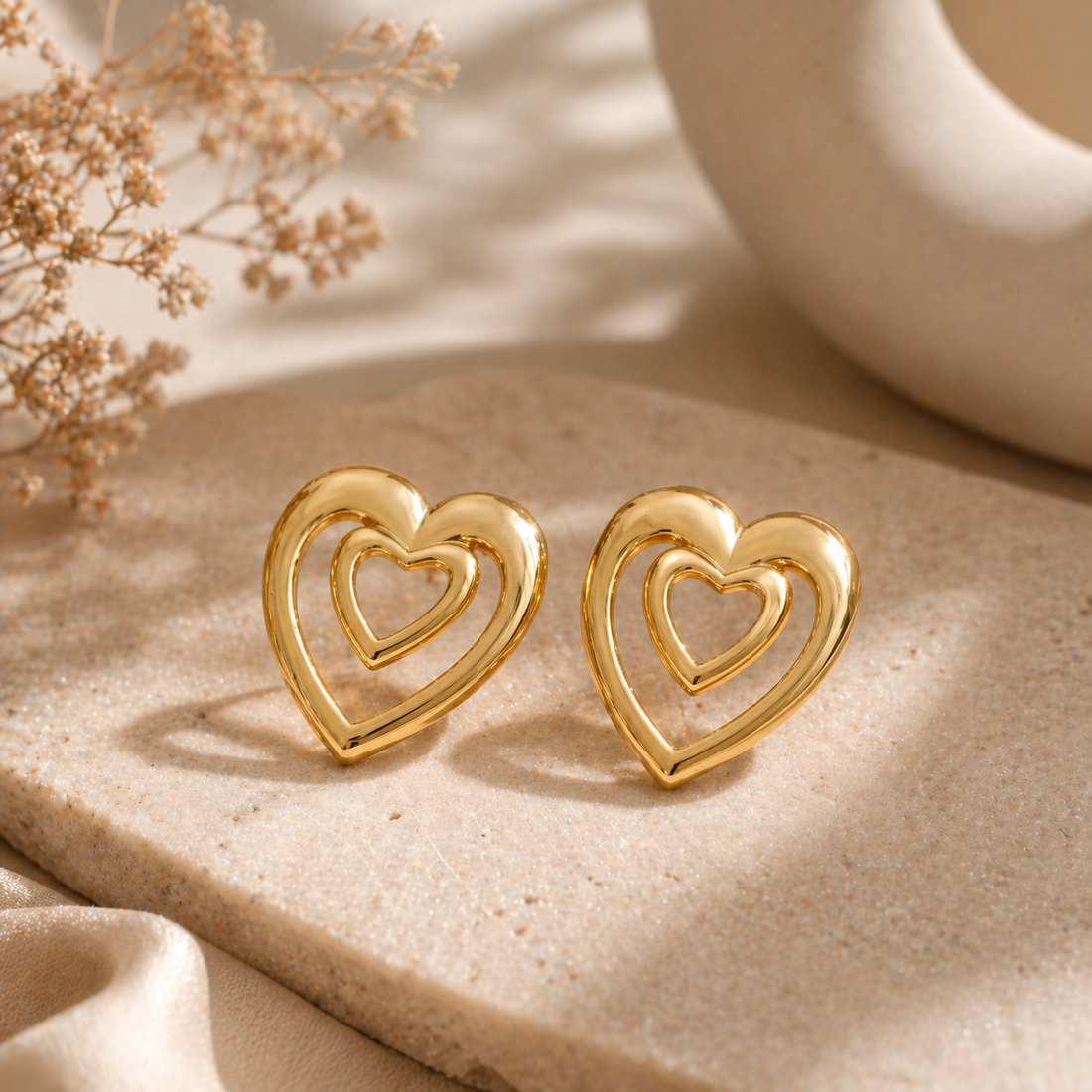 Gold Double Heart Statement Earring