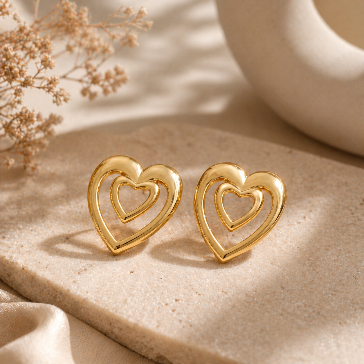 Gold Double Heart Statement Earring