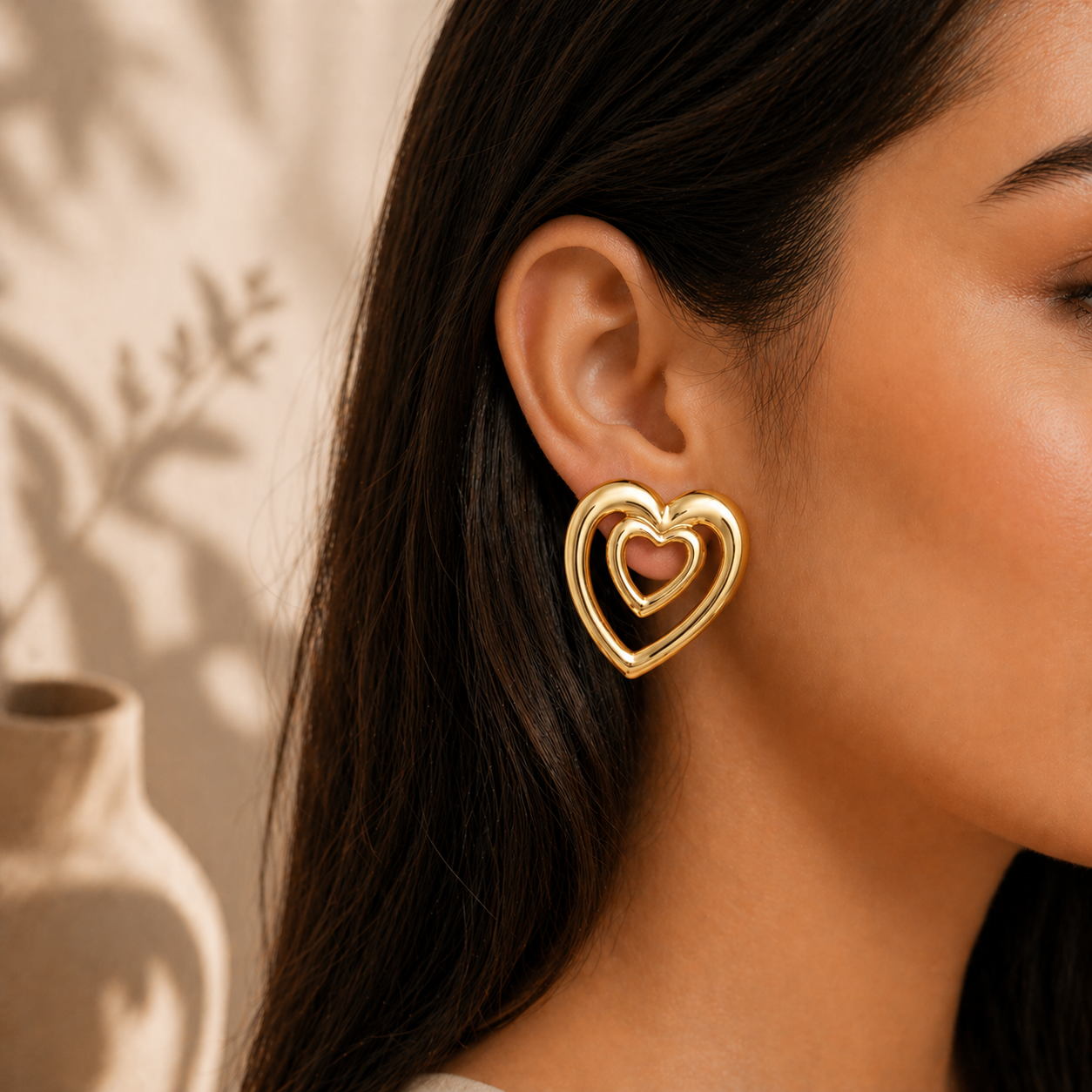 Gold Double Heart Statement Earring