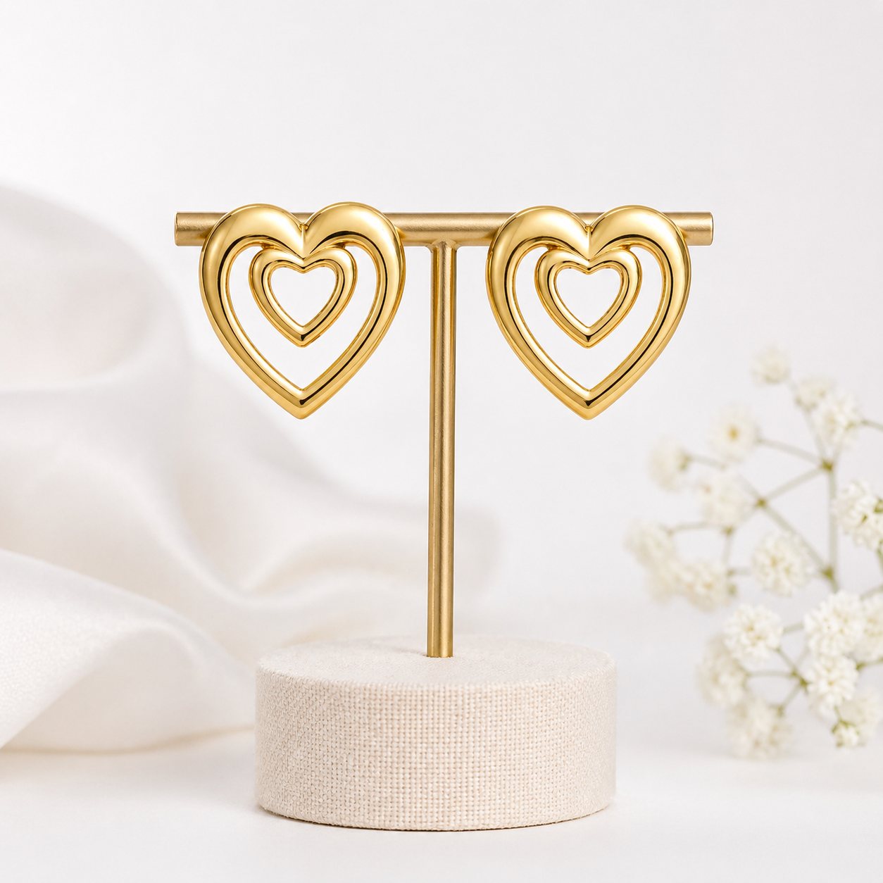 Gold Double Heart Statement Earring