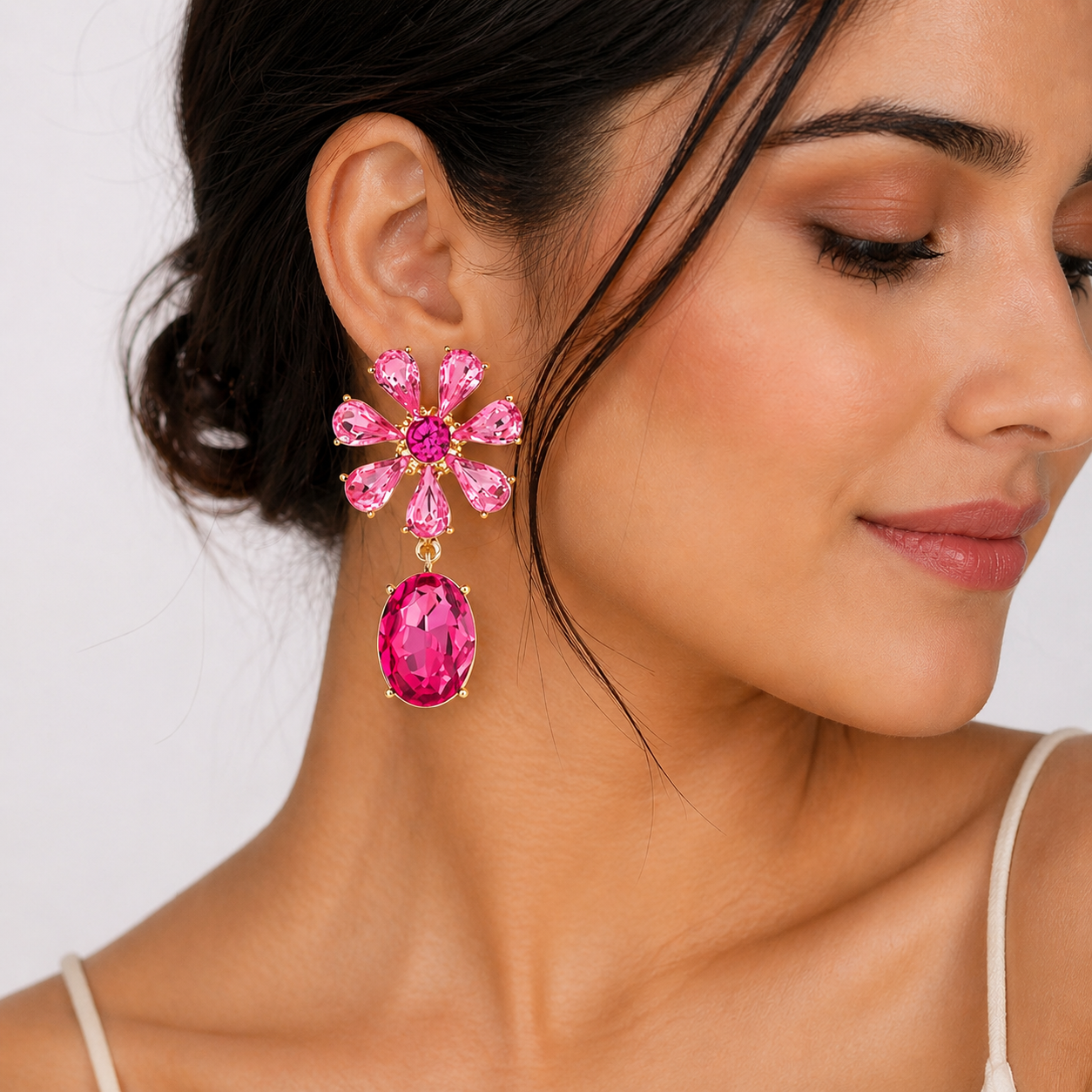 Pink Crystal Floral Drop Earring