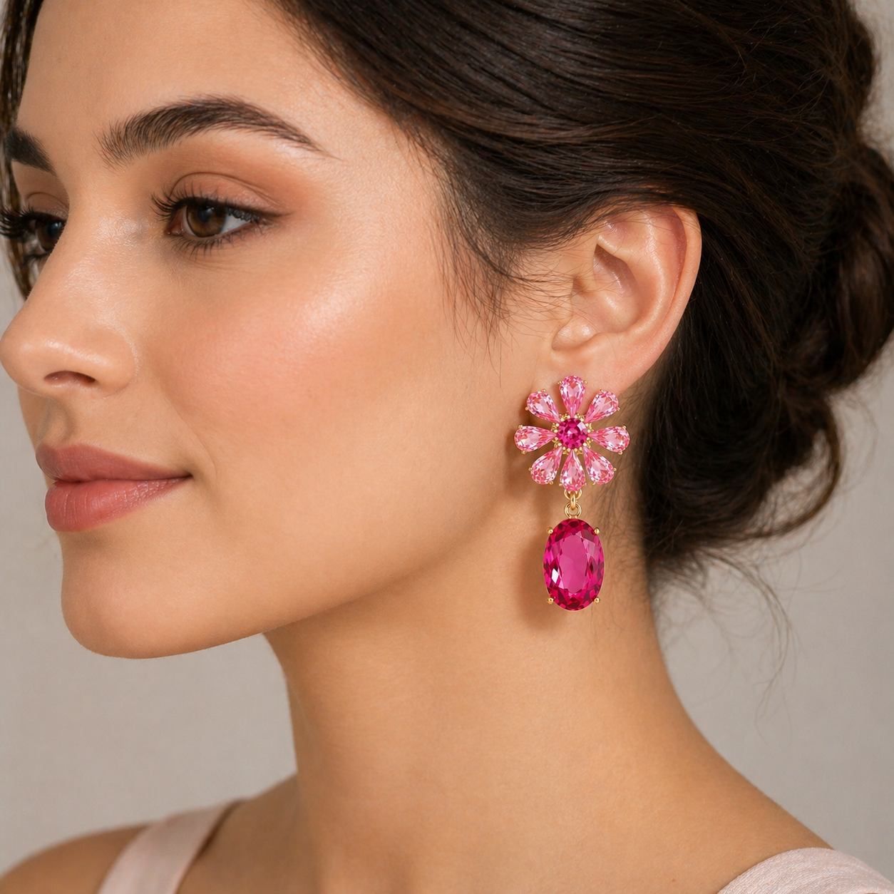Pink Crystal Floral Drop Earring