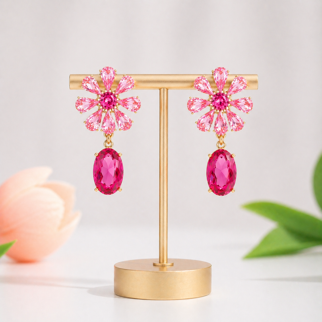 Pink Crystal Floral Drop Earring