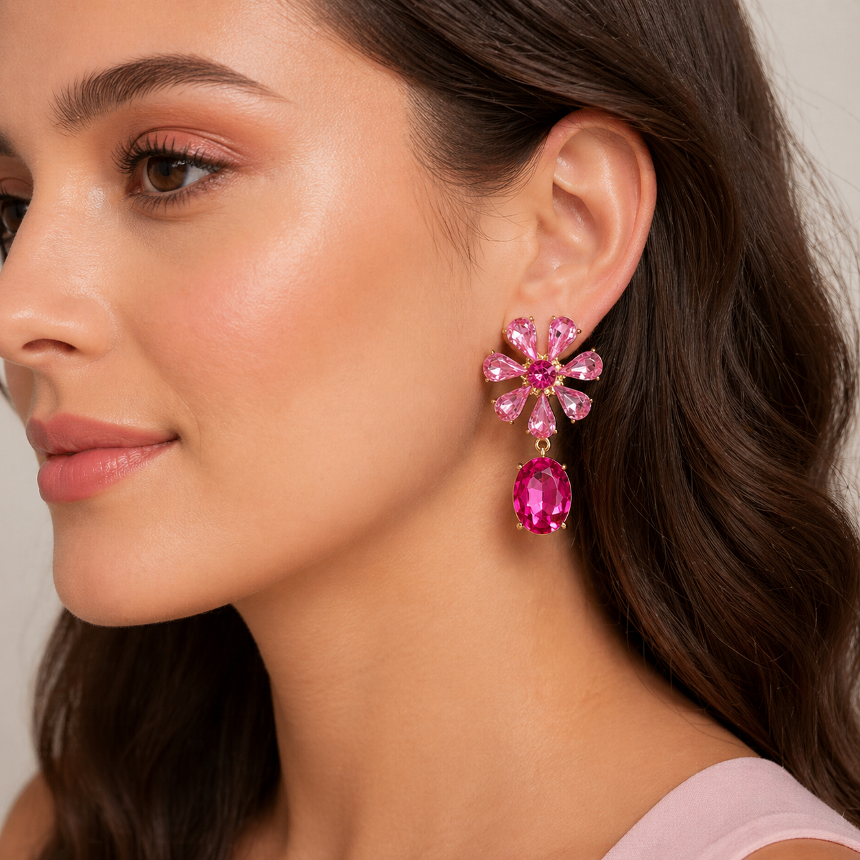 Pink Crystal Floral Drop Earring