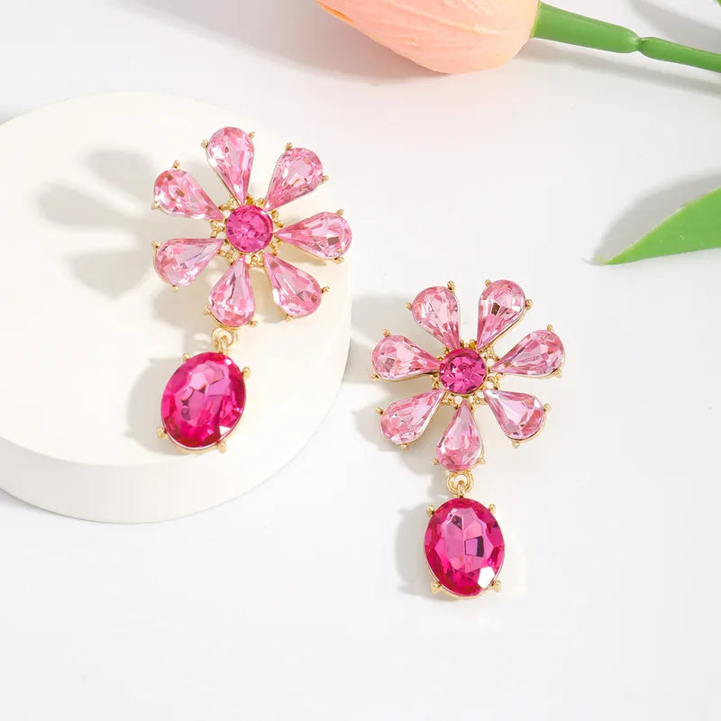 Pink Crystal Floral Drop Earring