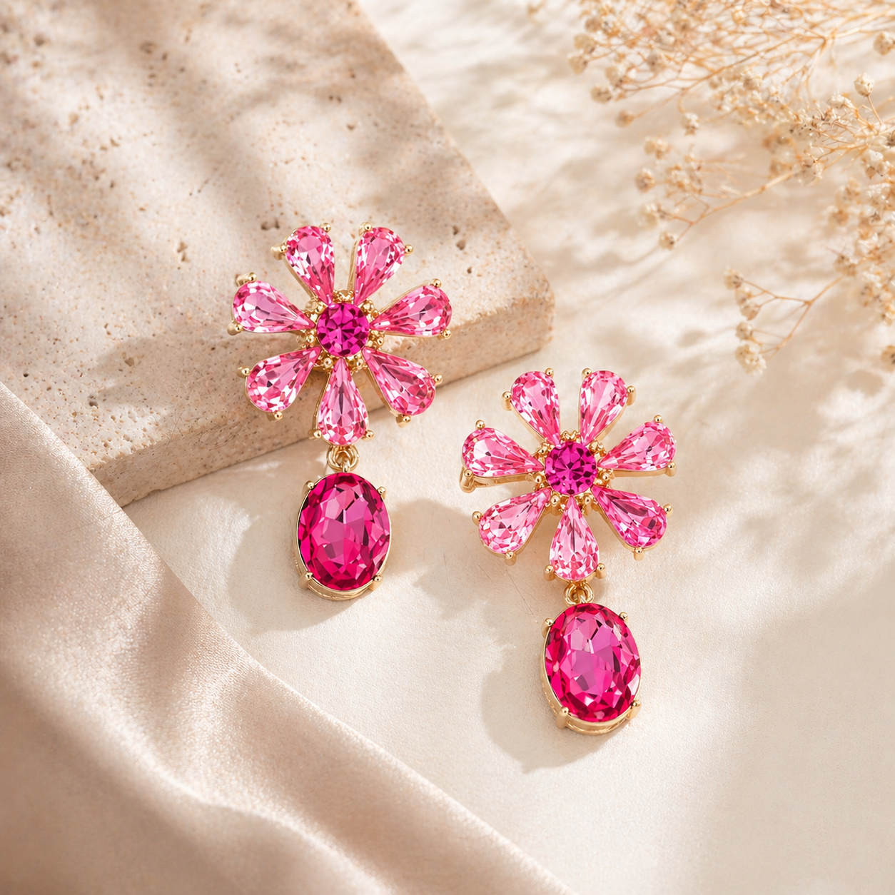 Pink Crystal Floral Drop Earring