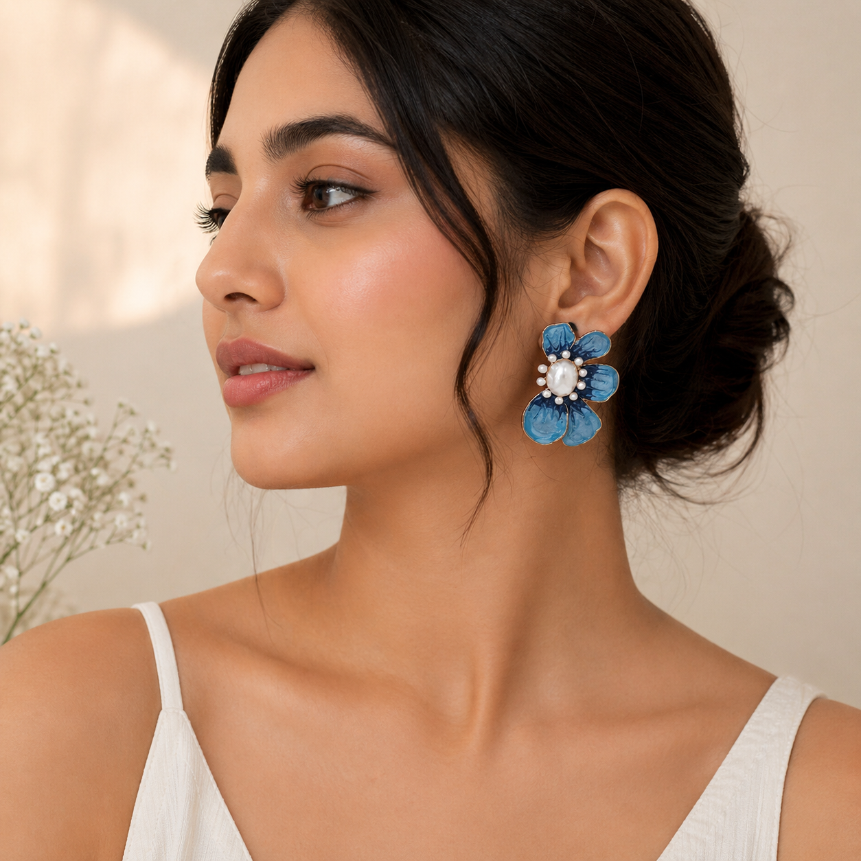 Elegant Blue Floral Pearl Stud Earring