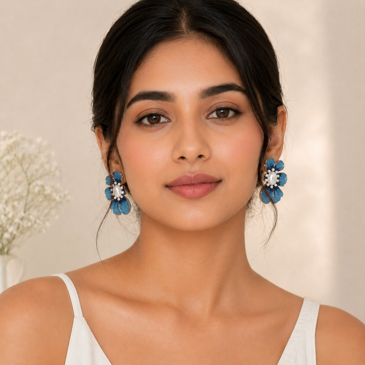 Elegant Blue Floral Pearl Stud Earring