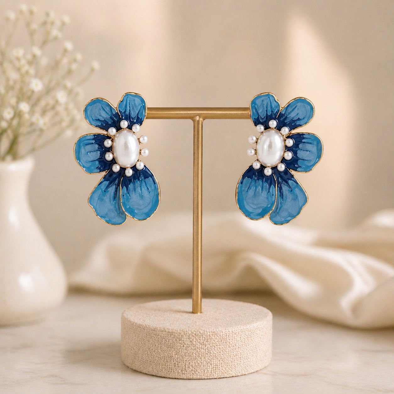 Elegant Blue Floral Pearl Stud Earring