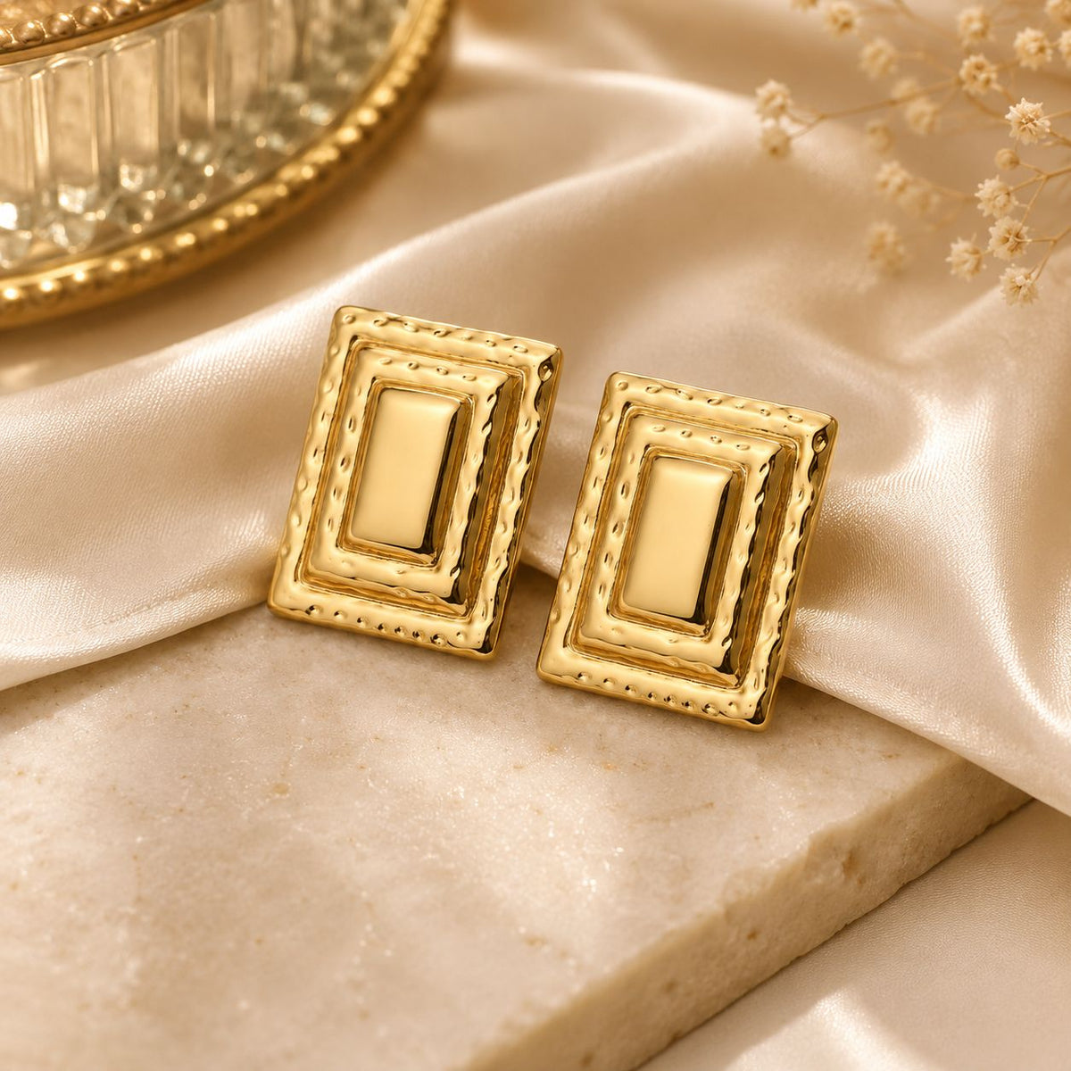 Gold-Plated Textured Geometric Rectangle Stud Earring