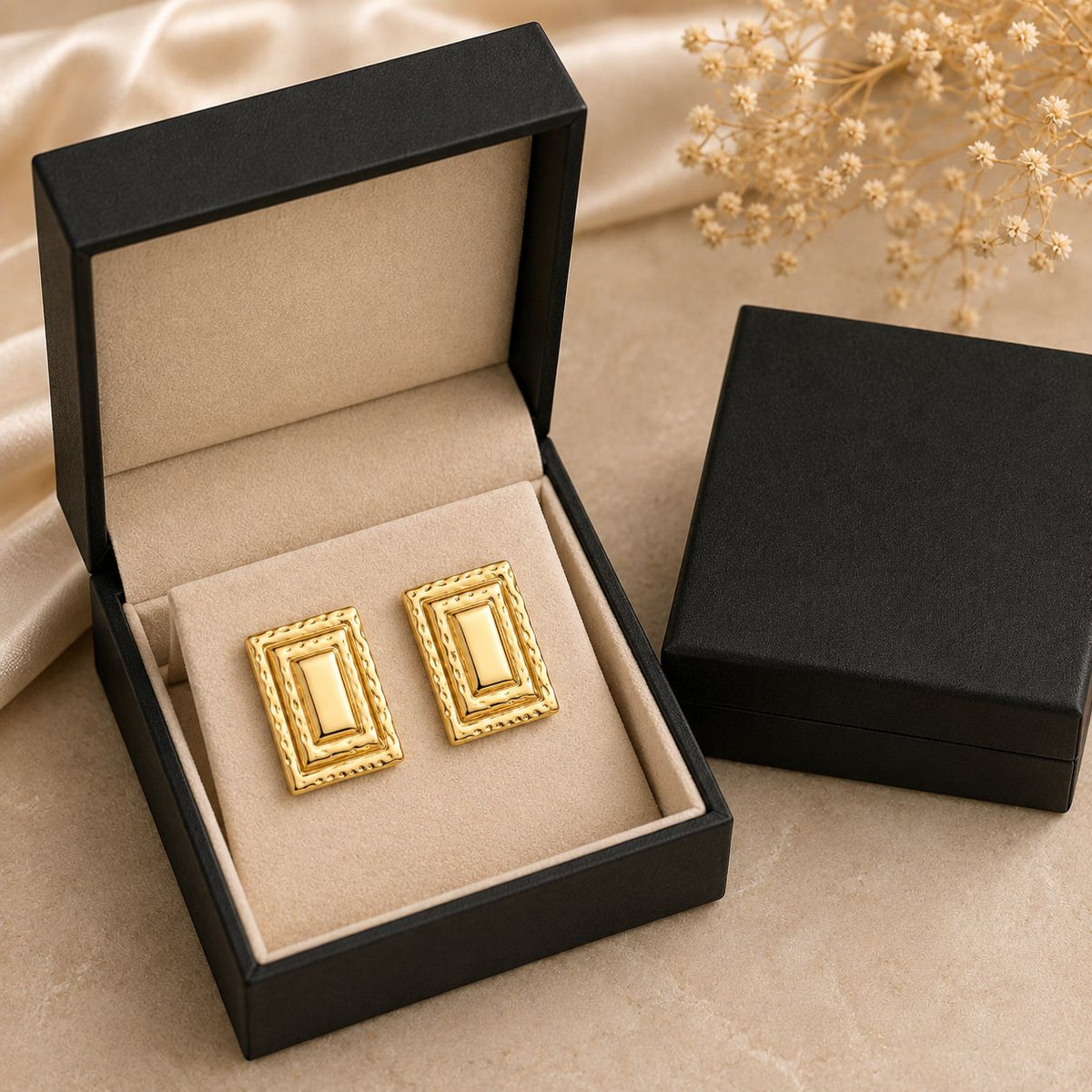 Gold-Plated Textured Geometric Rectangle Stud Earring