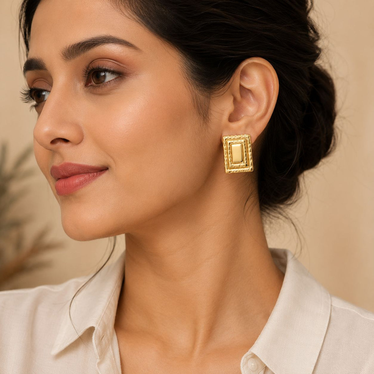 Gold-Plated Textured Geometric Rectangle Stud Earring