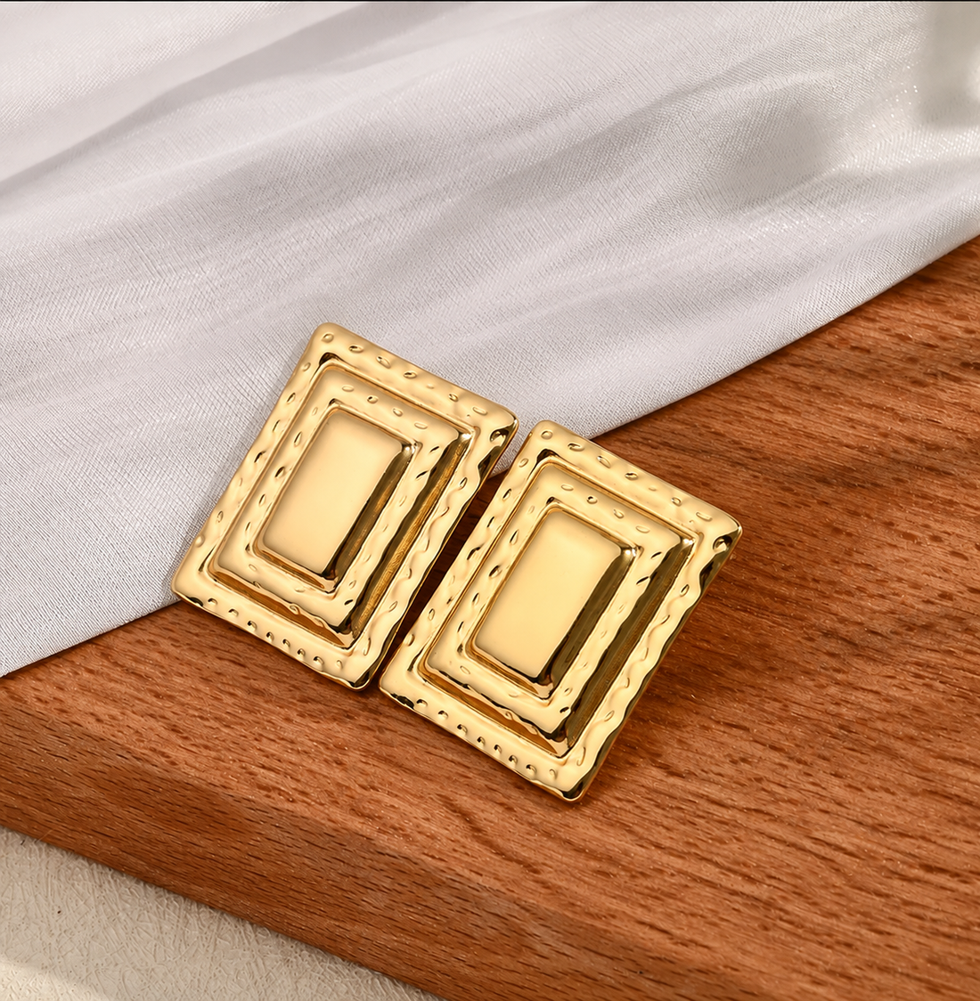 Gold-Plated Textured Geometric Rectangle Stud Earring
