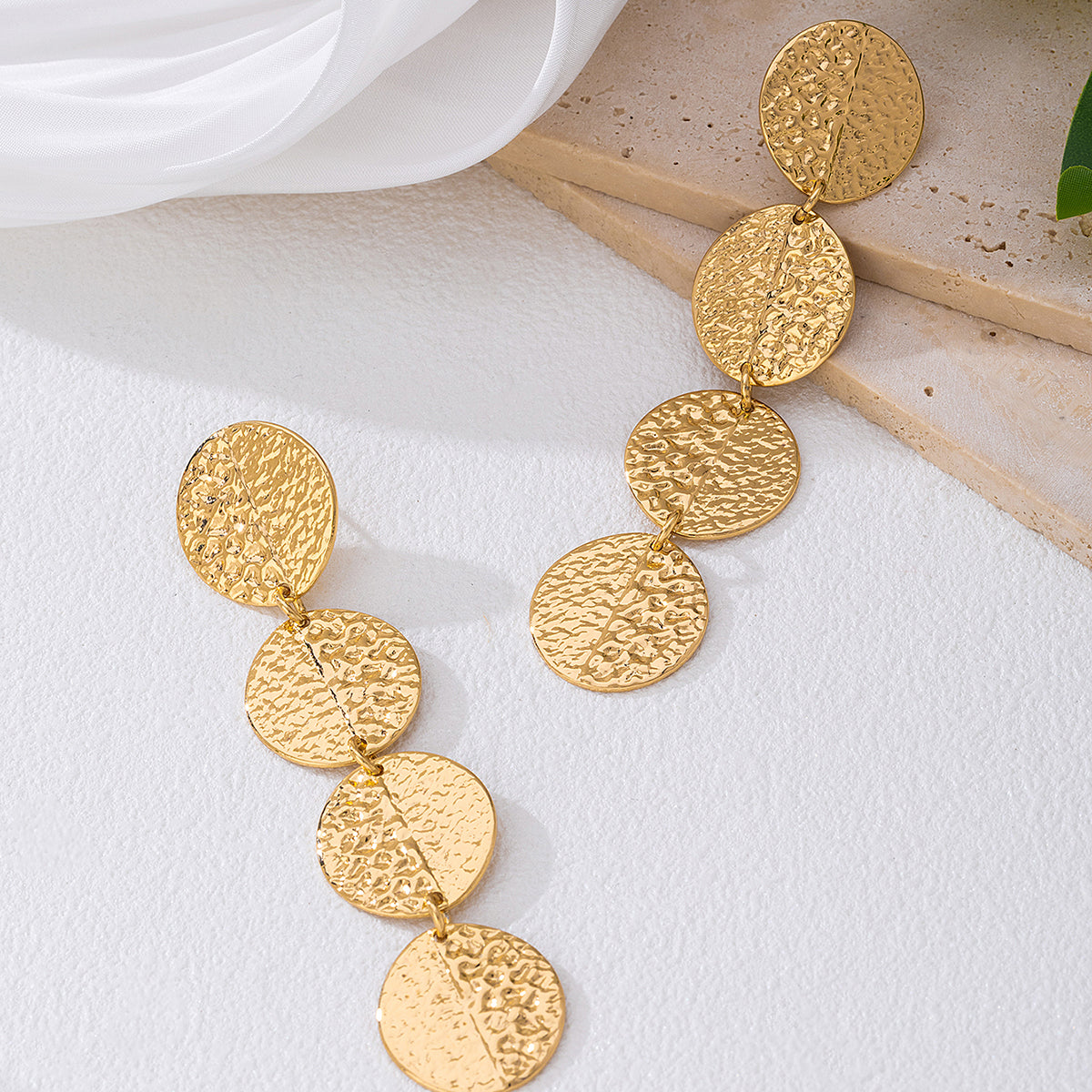 Golden Textured Triple Disc Drop Earring