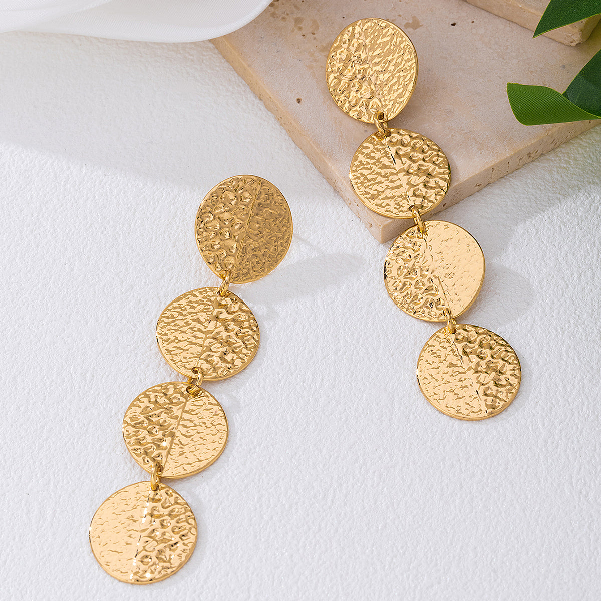 Golden Textured Triple Disc Drop Earring