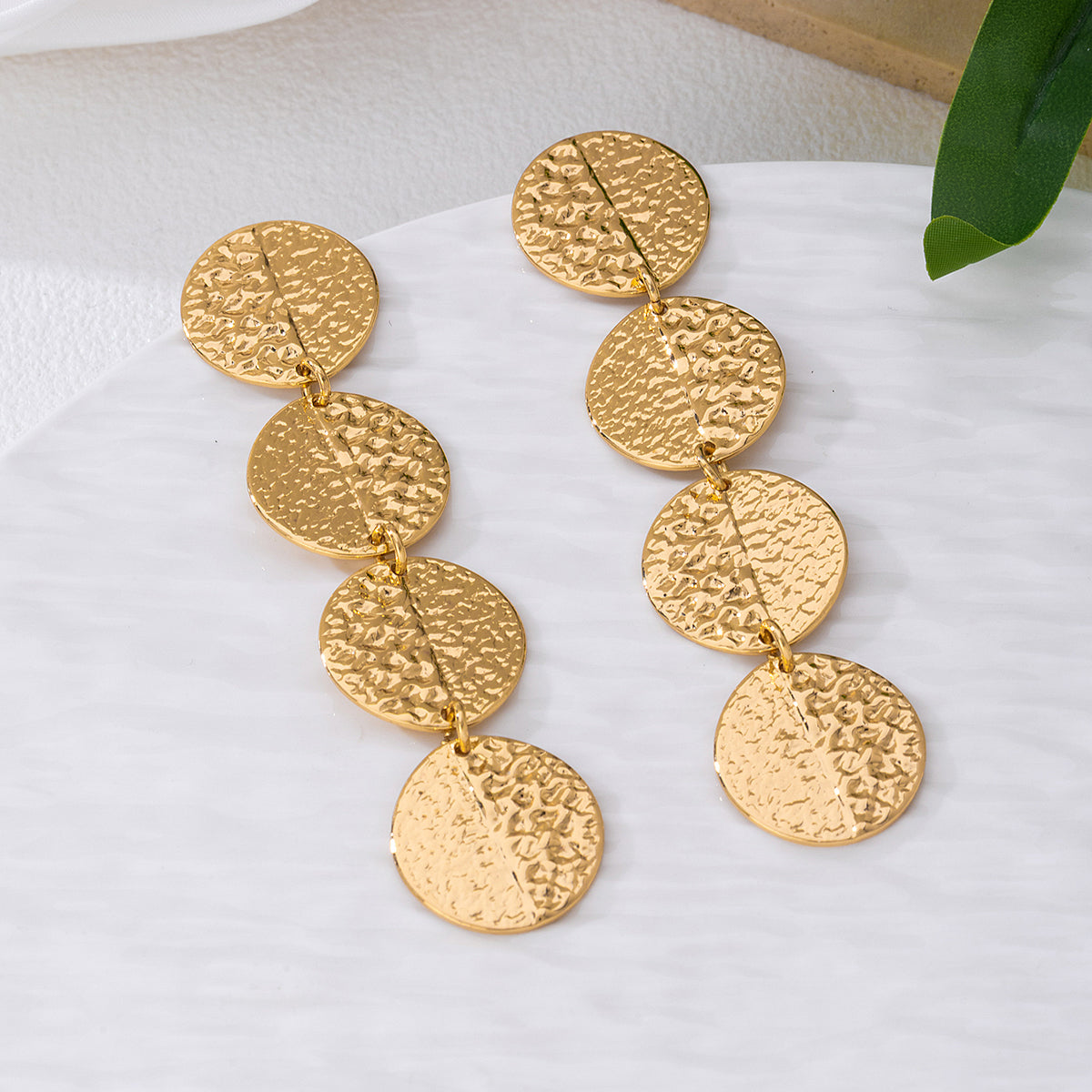 Golden Textured Triple Disc Drop Earring