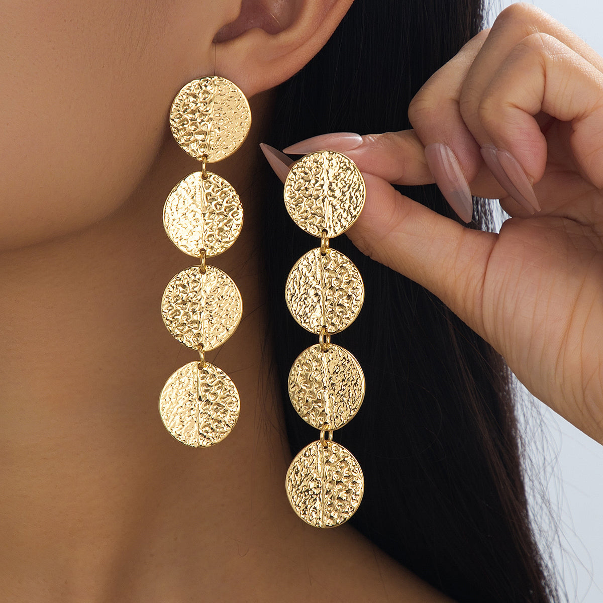 Golden Textured Triple Disc Drop Earring