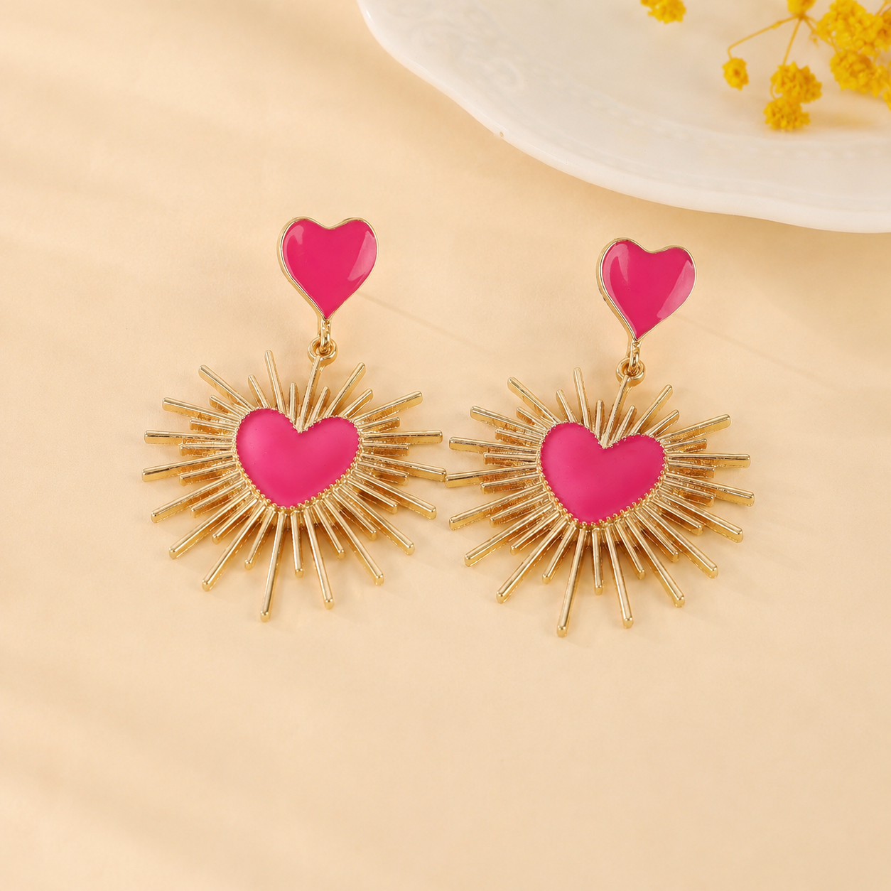 Pink Heart Sunburst Gold Drop Earring