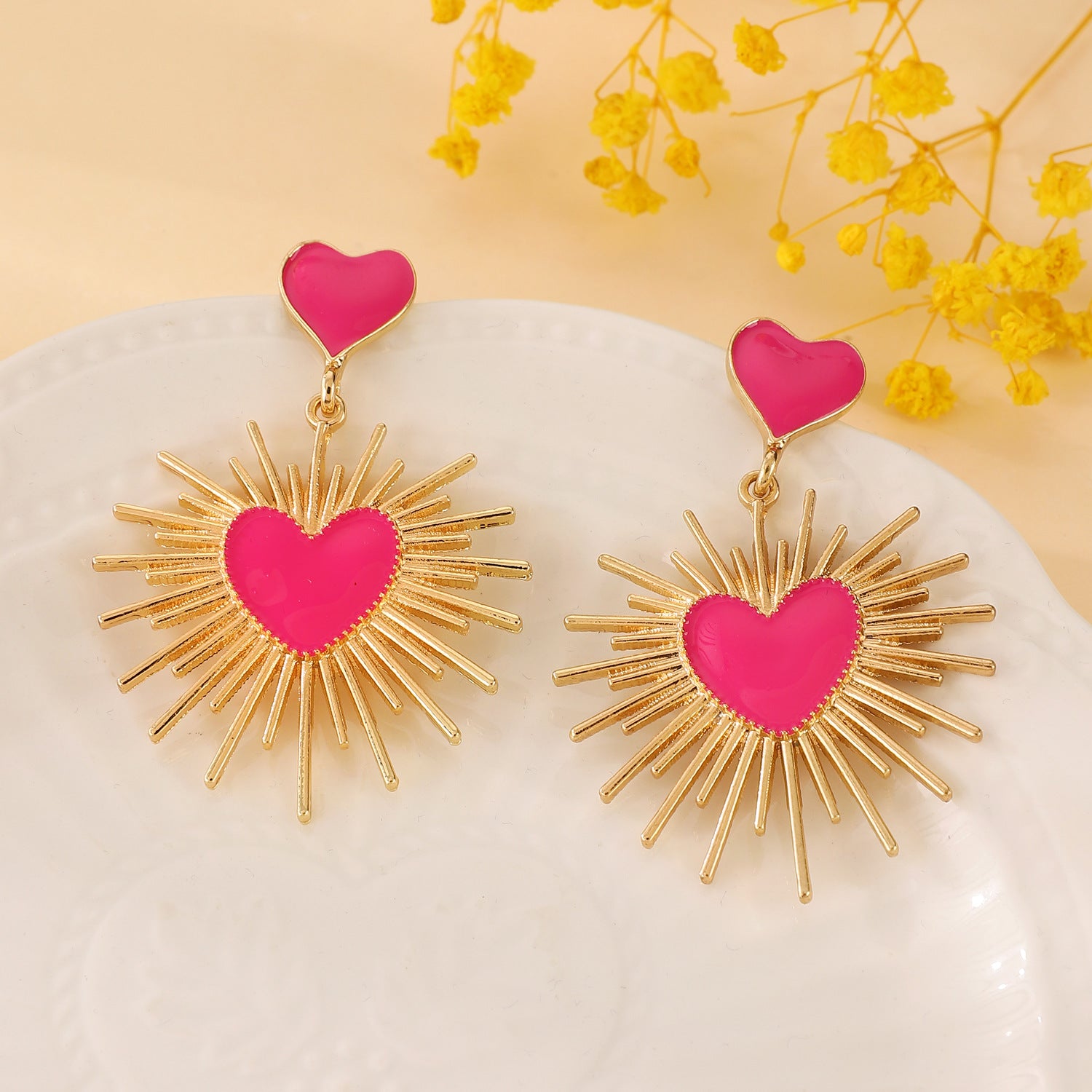 Pink Heart Sunburst Gold Drop Earring