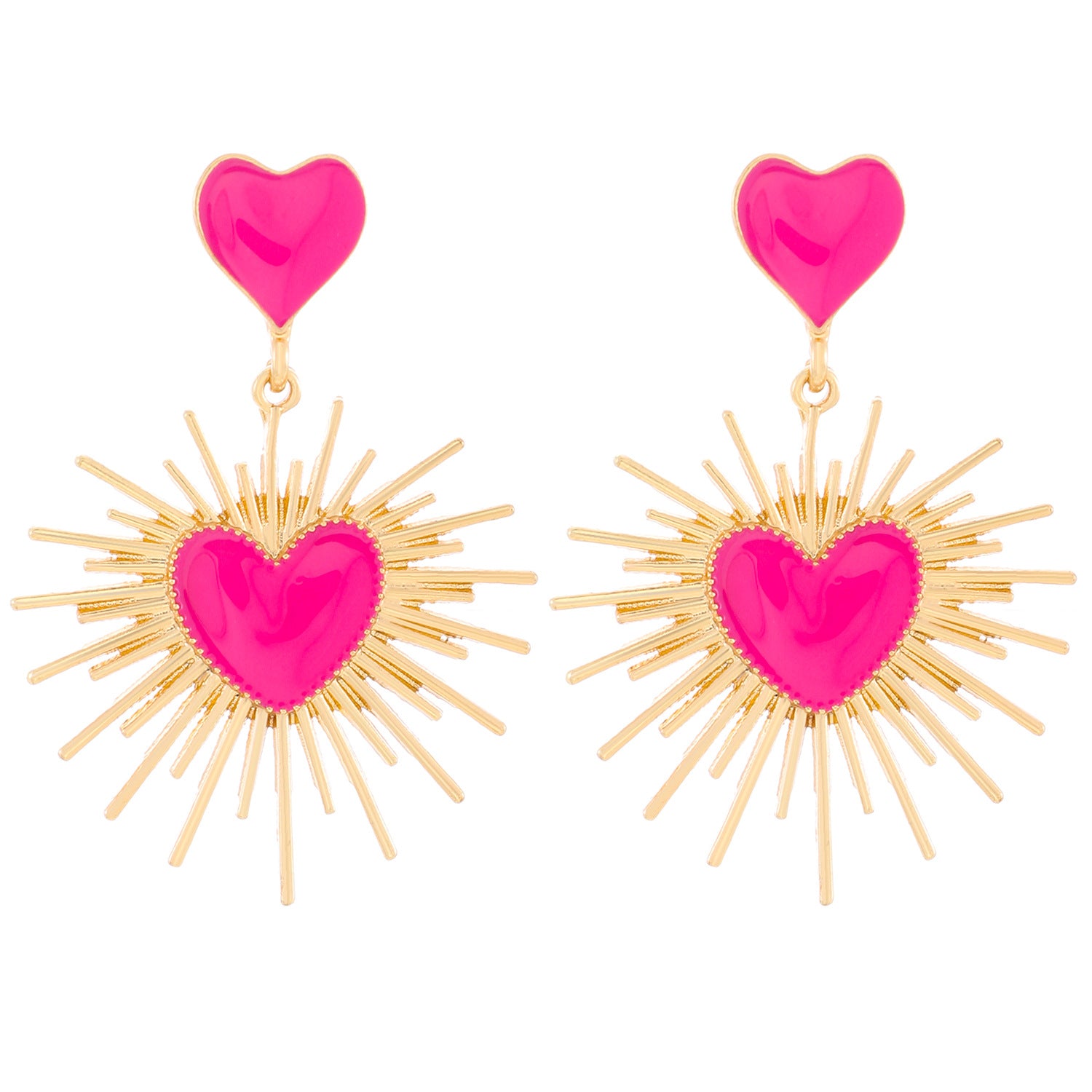 Pink Heart Sunburst Gold Drop Earring