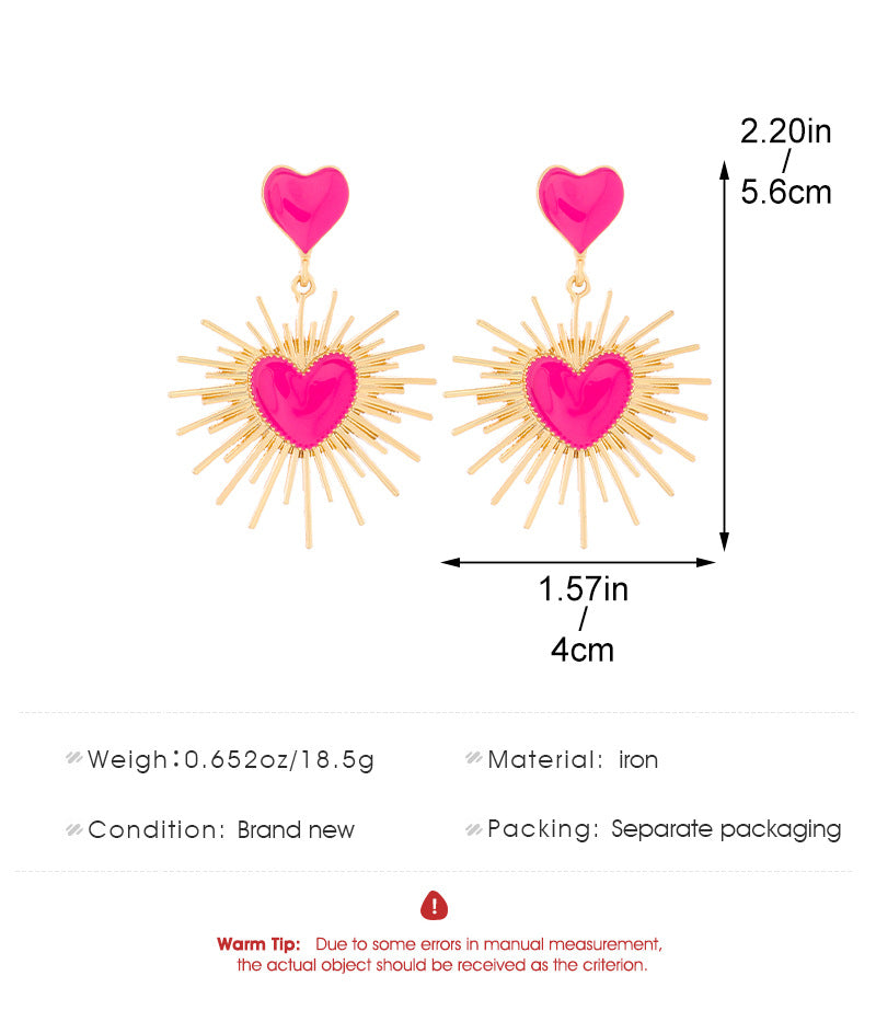 Pink Heart Sunburst Gold Drop Earring