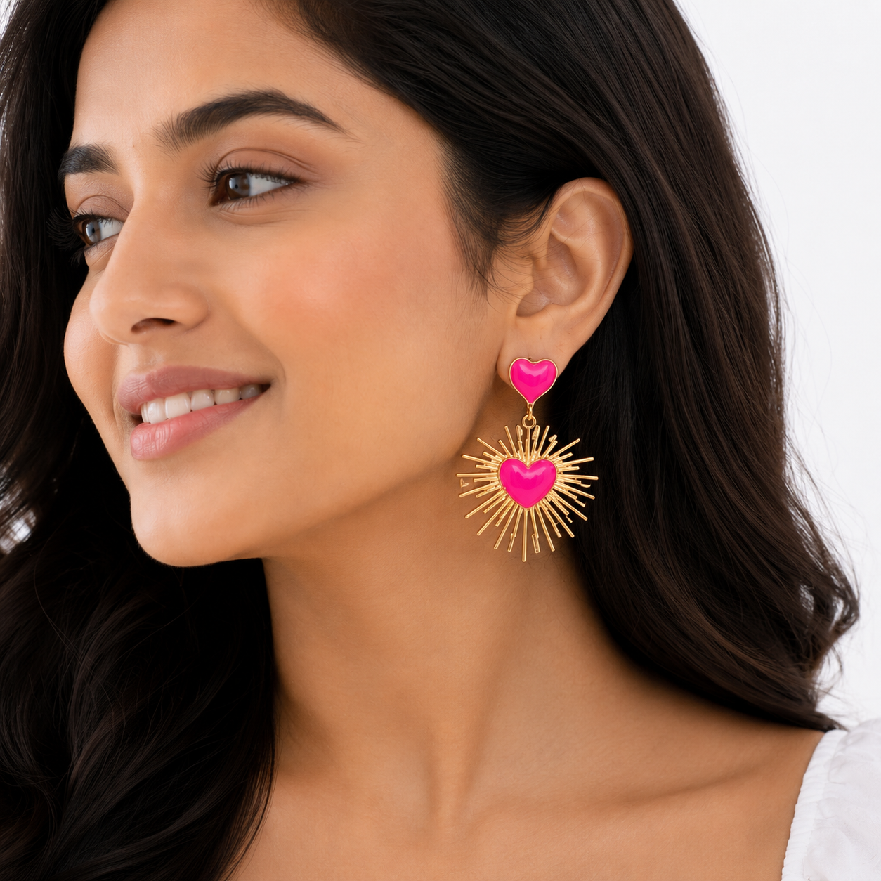 Pink Heart Sunburst Gold Drop Earring