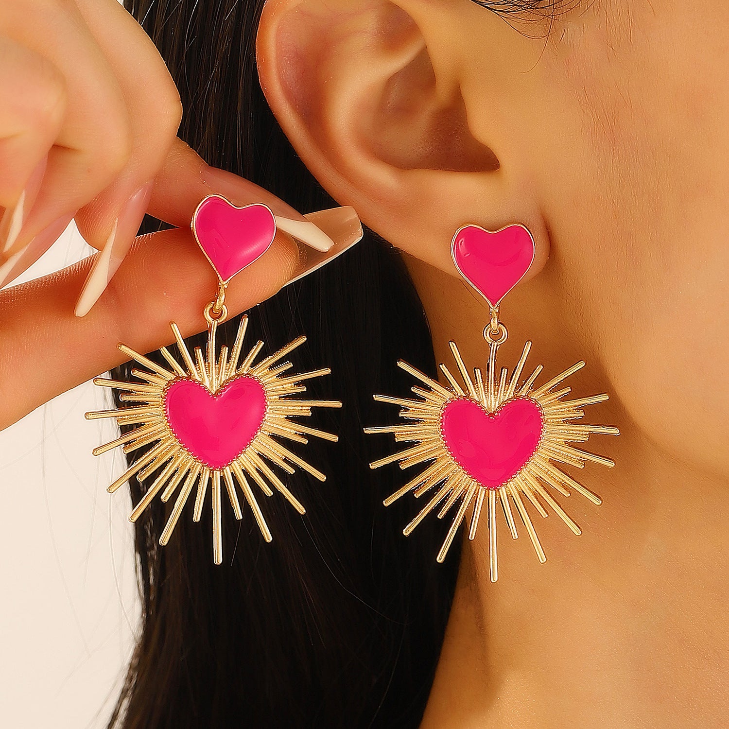 Pink Heart Sunburst Gold Drop Earring