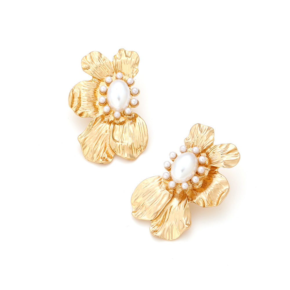 Gold-Tone Pearl Flower Statement Earring