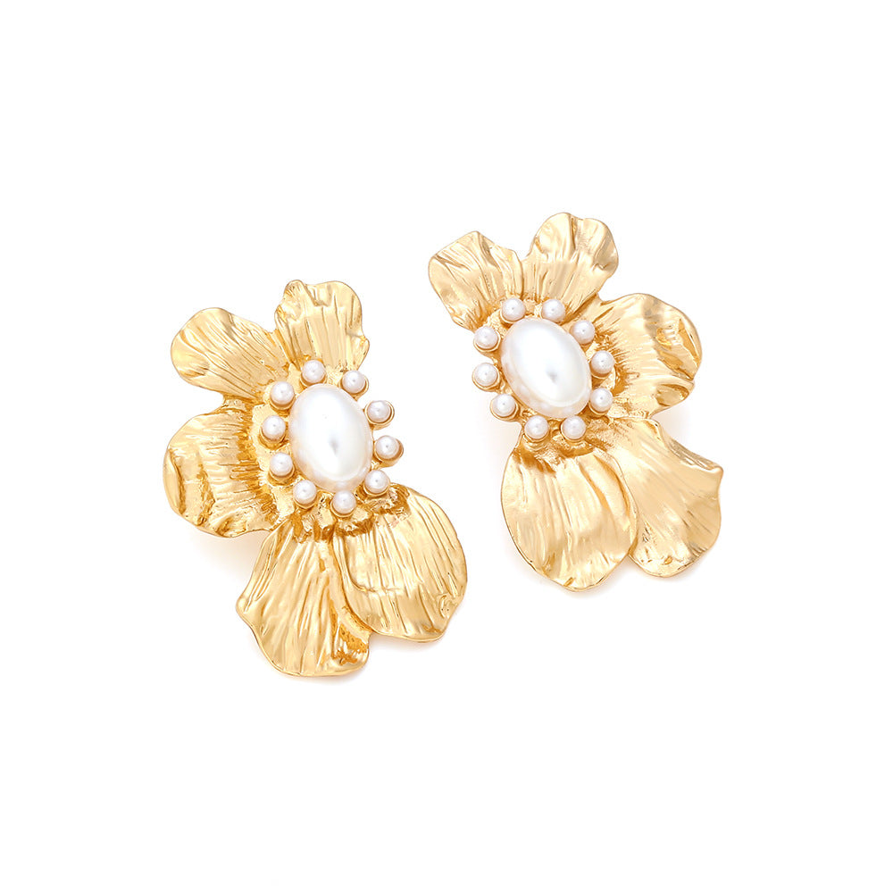 Gold-Tone Pearl Flower Statement Earring