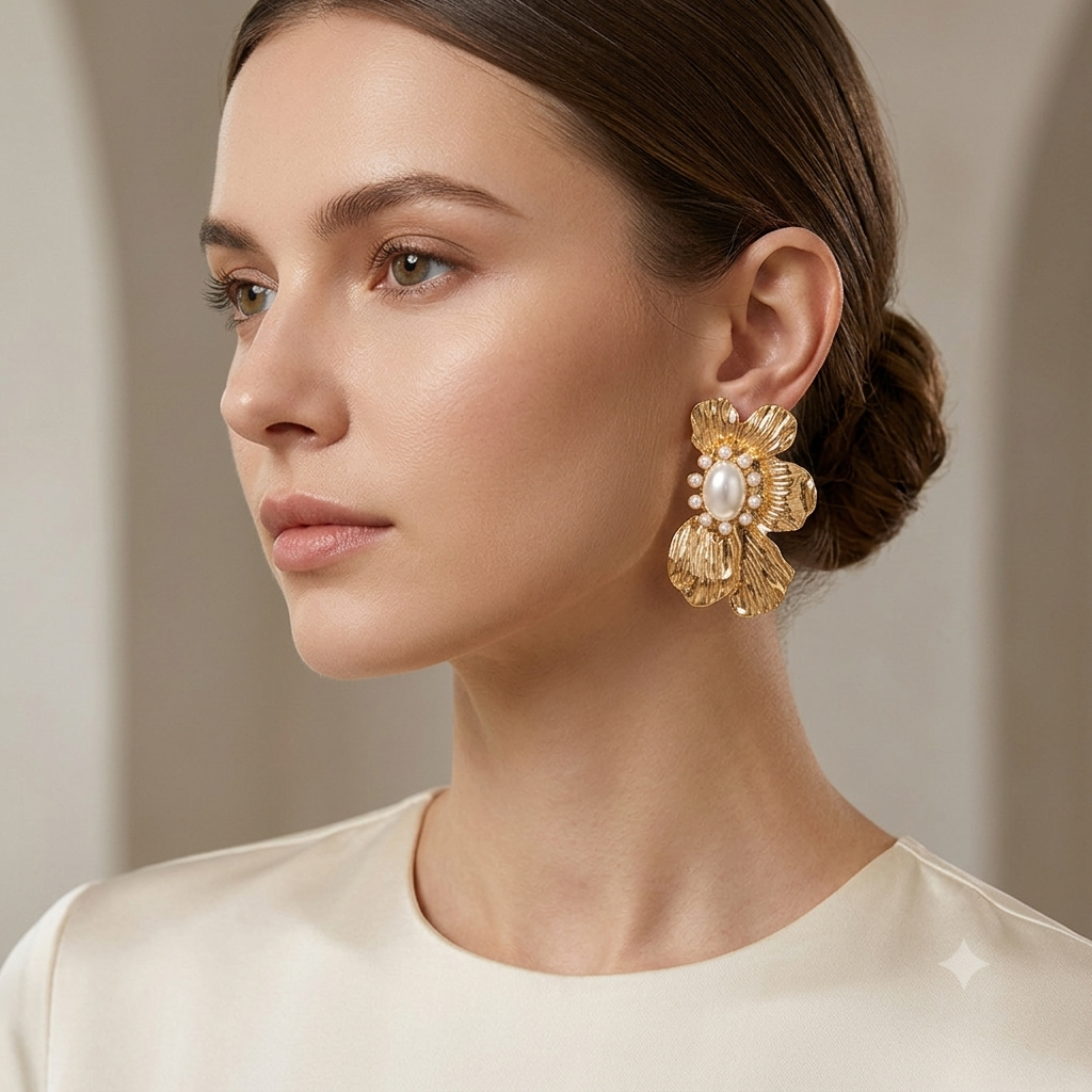 Gold-Tone Pearl Flower Statement Earring