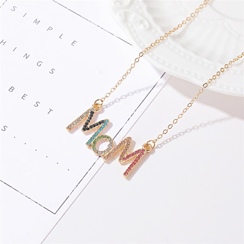 Gold Plated Multicolour Crystal MOM Pendant Necklace