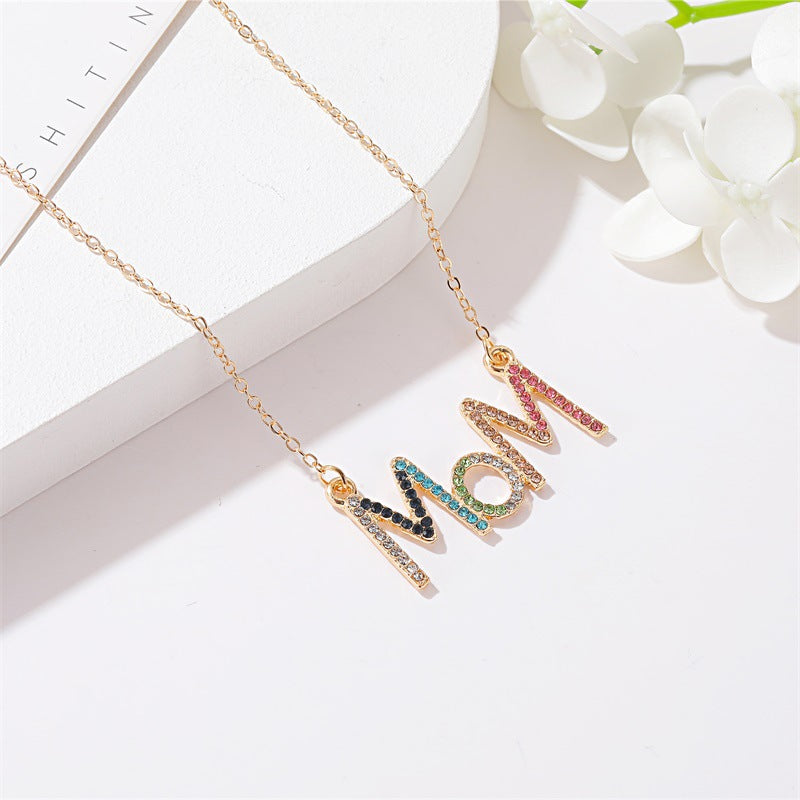 Gold Plated Multicolour Crystal MOM Pendant Necklace
