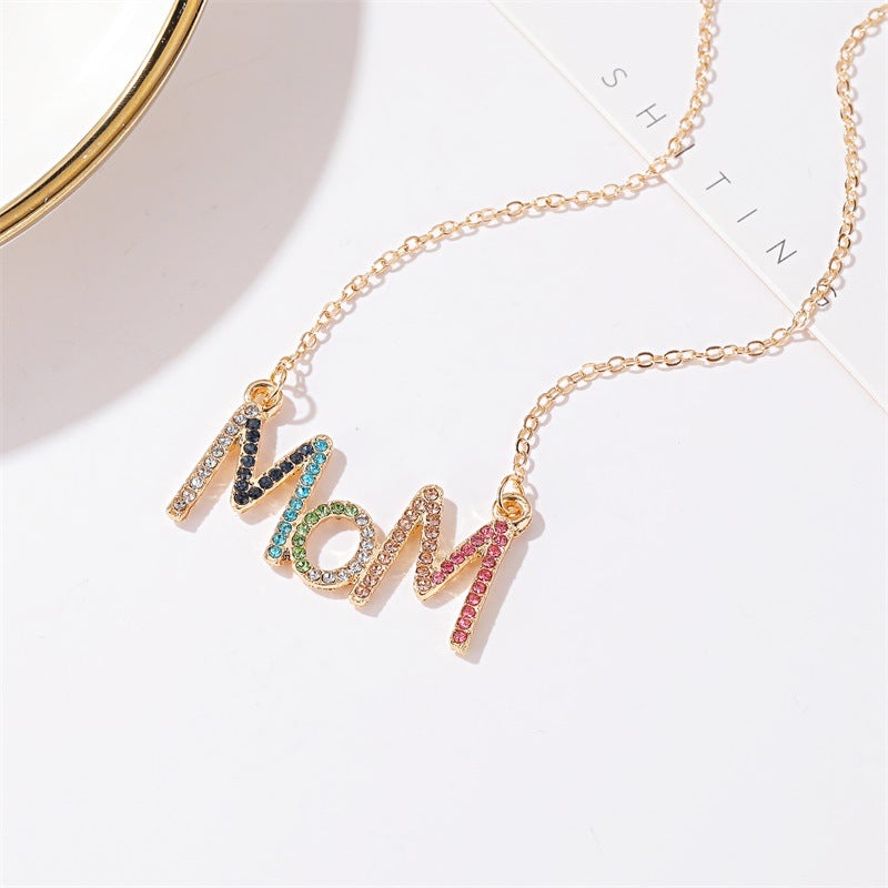Gold Plated Multicolour Crystal MOM Pendant Necklace
