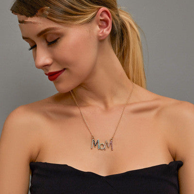Gold Plated Multicolour Crystal MOM Pendant Necklace