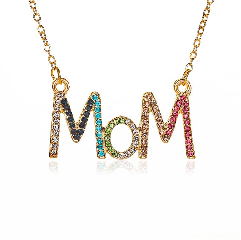 Gold Plated Multicolour Crystal MOM Pendant Necklace